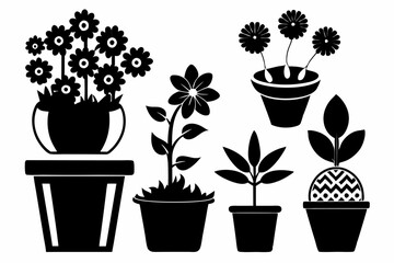 set of flower in a pot line art silhouette vector illustration