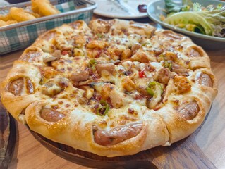 Hot pizza Margaritas on a gray concrete countertop. Cheese in a pizza crust. Tasty vegetable pizza