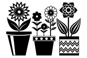 set of flower in a pot line art silhouette vector illustration