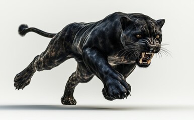 Obraz premium Powerful Black Panther in Dynamic Motion Captured on a Neutral Background, Showcasing Its Strength and Aggression in a Stunning 3D Render