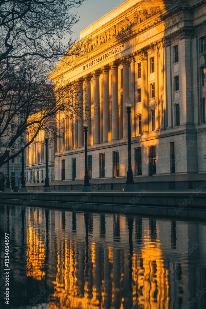 Poster A large building with columns and a clock on top, suitable for use in architecture or urban planning contexts