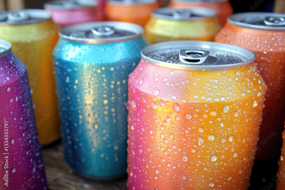 Poster A close-up view of multiple cans of soda with varied labels and designs