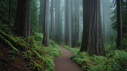 Obraz premium Misty Forest Path Through Lush Green Foliage