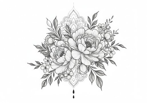 Generative AI Peony Tattoo Design with Mandala Flair peony flower floral mandala tattoo design leaves foliage black and white illustration beauty serenity elegance sophistication
