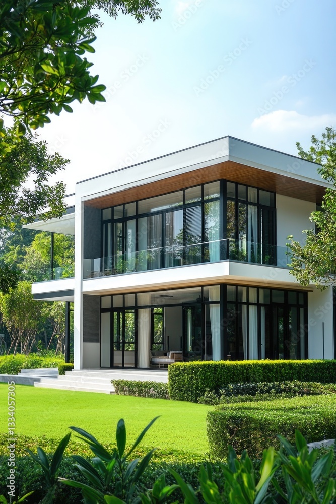 Poster a large white house with many windows, suitable for use in real estate or architecture illustrations