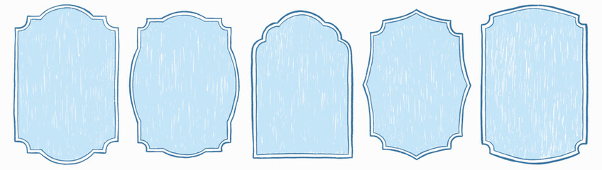 Set of blue drawn vintage frames. Trendy whimsical borders for wedding invitations, birthday card, prints.