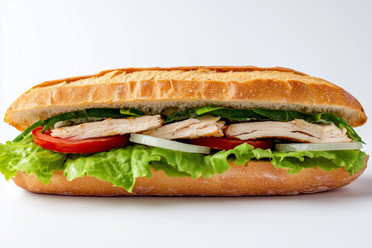 Sandwich with chicken or turkey mea submarine sandwich on a white background for the delivery menu or advertisement