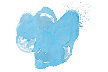 Bright light blue watercolor or ink stain with watercolor marks on transparent background.