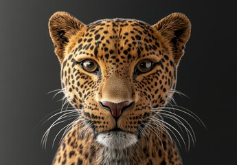 Obraz premium Realistic Close-Up Portrait of a Majestic Leopard Displaying Unique Spots and Intense Eyes Against a Dark Background