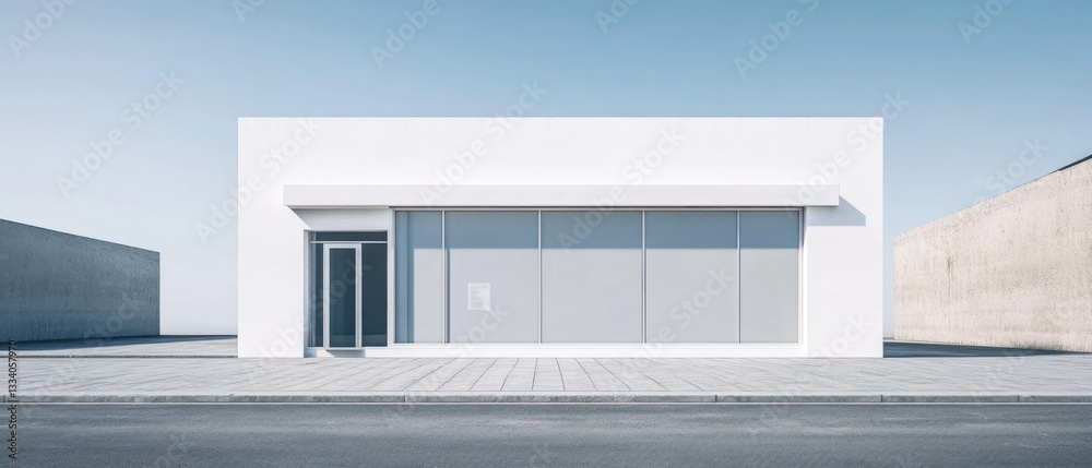 Poster a white building situated alongside a road, suitable for use in travel or infrastructure contexts