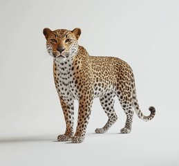 Realistic depiction of a standing leopard showcasing unique spots and gaze, perfect for wildlife and animal conservation themes in photography projects
