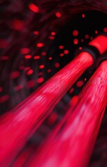 Naklejka premium A striking image capturing rapid red particles creating an illusion of a high-speed tunnel, suggesting motion and futuristic technology