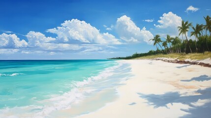 Fototapeta premium Tranquil Tropical Beach Paradise: Azure Waters, White Sands, and Palm Trees