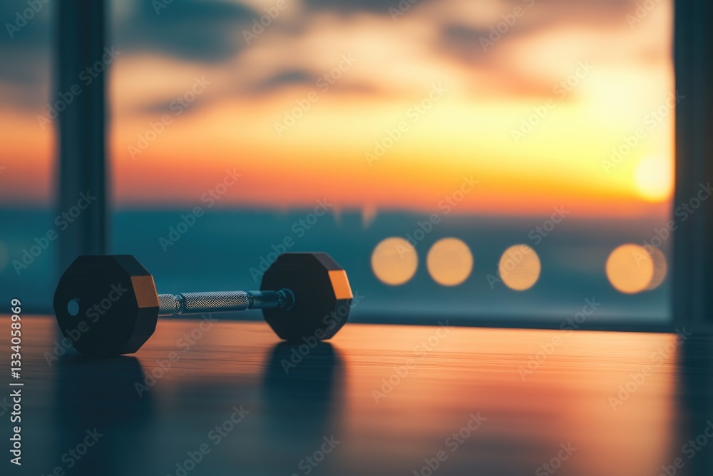 Poster a pair of dumbbells on a table near a window with natural light