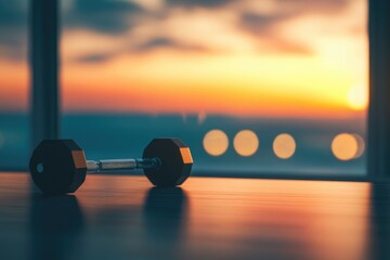 A pair of dumbbells on a table near a window with natural light