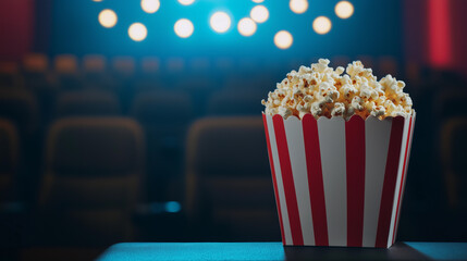 Traditional striped popcorn box  with popcorn against a backdrop of cinema seats. 