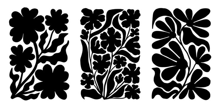 Set of groovy floral botanical black background in trendy naive retro hippie 60s 70s style. Vertical poster with silhouette abstract wavy flower