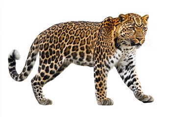Fototapeta premium Realistic illustration of a majestic leopard walking gracefully with distinctive spotted coat against a plain white background capturing fierce animal beauty