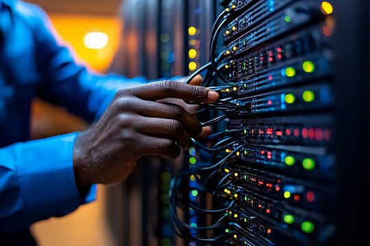 An individual working on a server in a data center setting