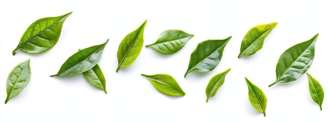 Fresh Tea Leaves Arranged on White Background (1)
