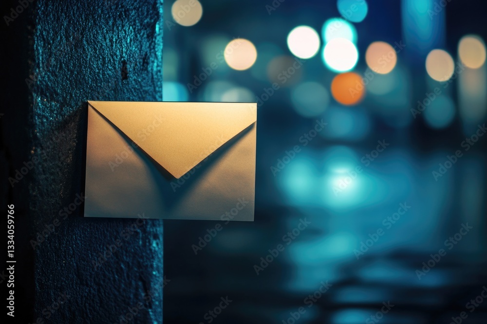 Poster A mail envelope resting on the side of a building, suitable for use in scenes involving communication or architecture
