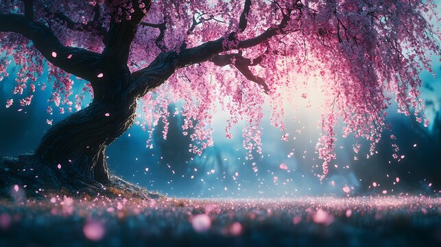 A breathtaking view of a weeping cherry blossom tree in full bloom