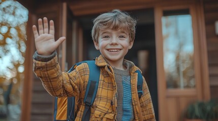 Happy boy waving goodbye at home's entrance