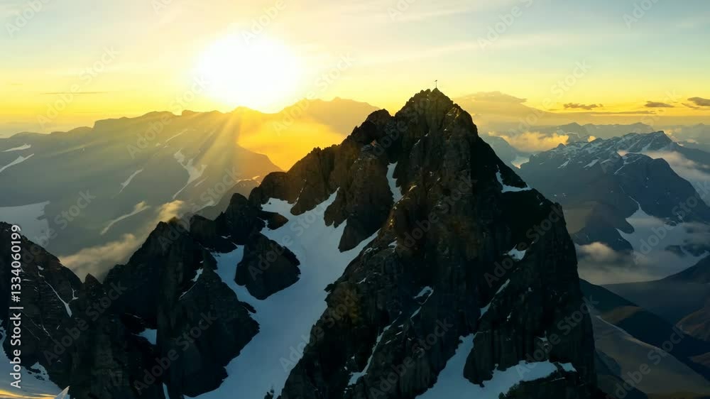 Aufkleber a majestic mountain peak with a snow-covered summit, basking in the warm glow of the sun. the sun's 