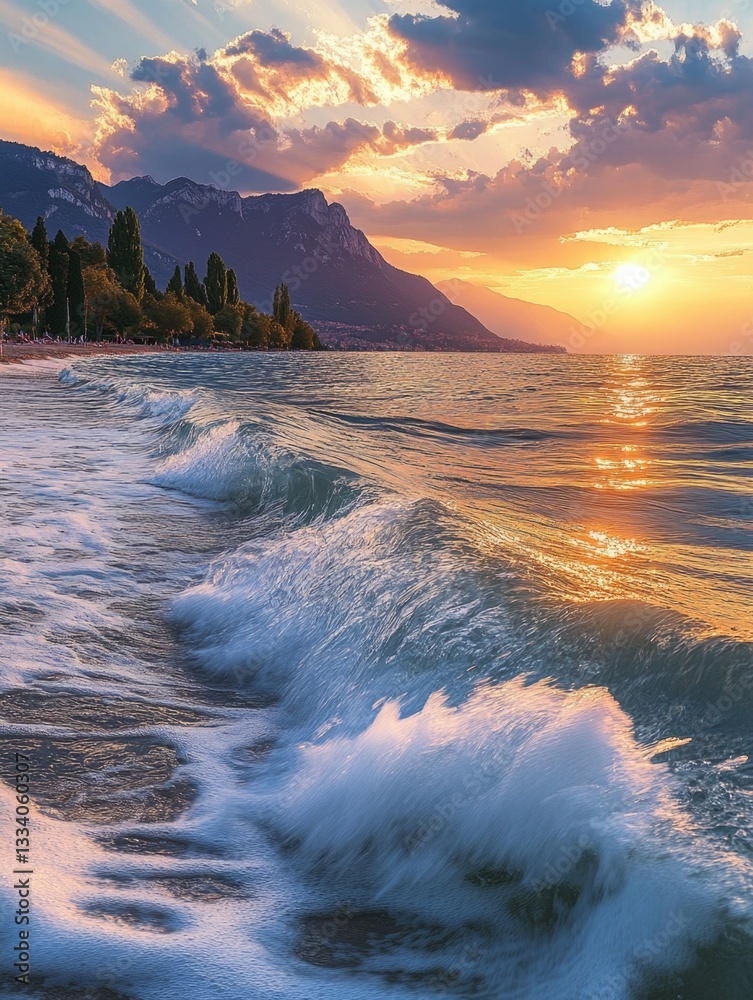 Poster a serene image of the sunset over the ocean with gentle waves, perfect for use in travel, nature or 