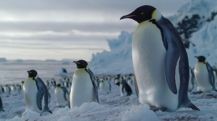 Fototapeta premium Waddling penguins on icy antarctic nature documentary cold aerial animal behavior