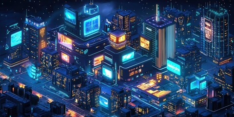 Digital art of a futuristic smart city illuminated skyline from an aerial perspective
