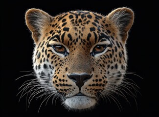 Obraz premium Realistic portrait of a fierce leopard head against a dark background, showcasing intricate patterns and vibrant colors of fur, eyes, and facial features