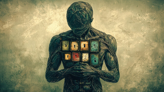 Human figure embodies struggles through locked doors representing inner compulsions
