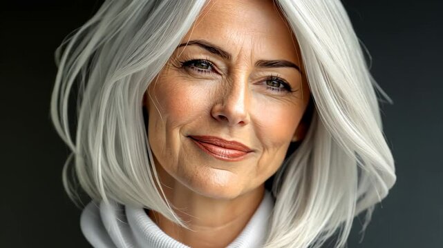 Woman with white hair and a white sweater is smiling. She has a white bob haircut and is wearing a white sweater