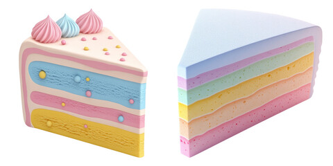 Colorful cake slices with pastel layers and decorative frosting