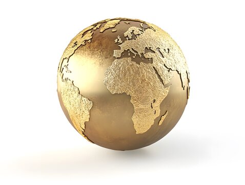 A golden Earth spinning with intricate embossed continents and oceans. 3D animation, white background transparency.