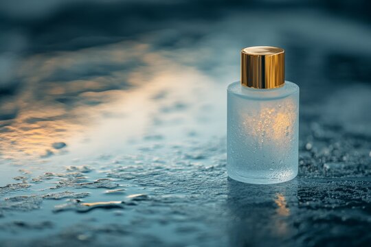 Frosted glass perfume bottle on wet surface with golden cap at sunset