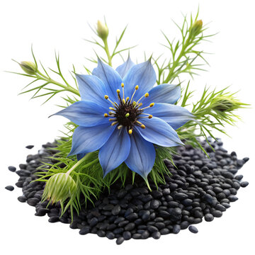 Black cumin seeds with nigella sativa flower isolated on transparent background  
