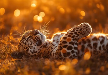 Obraz premium Relaxed Leopard Lying on Grass, Surrounded by Sunlight and Nature, Capturing the Beauty of Wildlife in a Warm Golden Glow