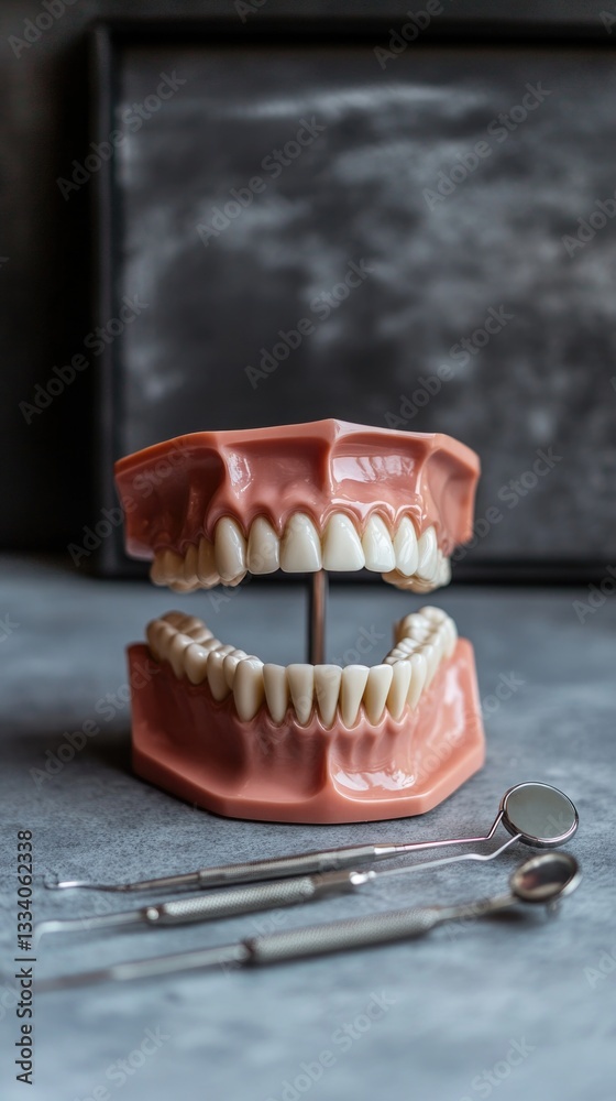Poster Close-up shot of a model tooth set with a toothbrush placed on a table surface