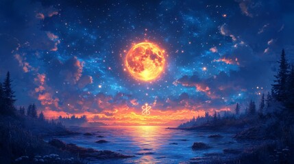 Celestial Landscape with Radiant Moon and Astrology Symbol in Sky. Generative AI