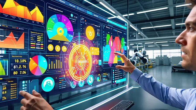 Business Analyst Interacting with Futuristic Data Dashboard Displaying Analytics, Charts, and AI-Powered Insights

