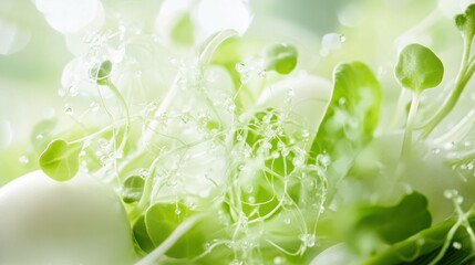 Fresh vegetables with glowing probiotic cultures intertwining in soft green tones