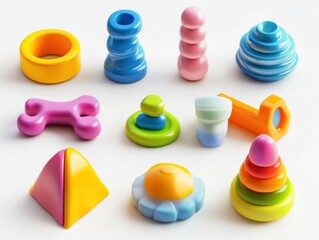 Collection of colorful, playful children's toys.  A variety of shapes and sizes, featuring bright, vibrant colors.  Perfect for imaginative play and early childhood development