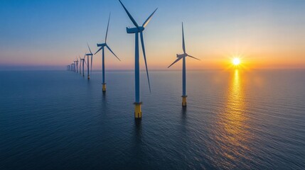 Offshore Wind Turbines Stand Tall During Beautiful Sunset Over Ocean Waters