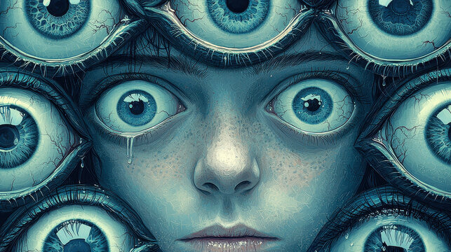 Drowning in an endless sea of eyes symbolizing scopophobia in a surreal landscape