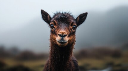 Obraz premium Curious Alpaca Portrait on a Misty Hillside in the Andean Mountains