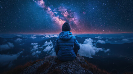 Fototapeta premium Gazing at a starry night sky from a mountain peak creates a sense of wonder and solitude