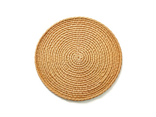 A round woven rattan placemat with a natural texture, isolated on a white background. Generative AI
