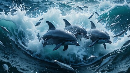 Fototapeta premium Ocean Hunt: Dolphins Chasing a School of Silver Fish in Action